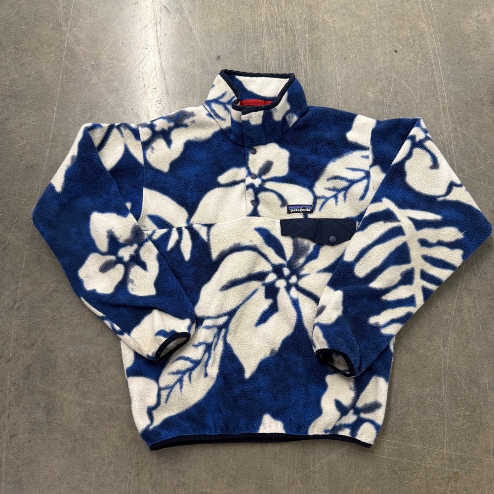 Vintage Patagonia Synchilla Snap-T Fleece Pullover Blue White Floral Mens Small